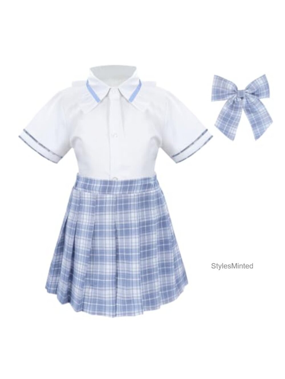 Girls School Uniform Skirt Set Button Down Shirt Pleated Skirt Bow Tie